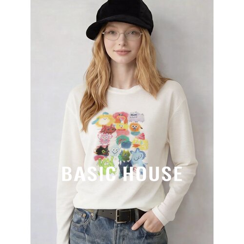 Basic House/百家好日系印花圆领长袖针织衫女宽松百搭防晒上衣