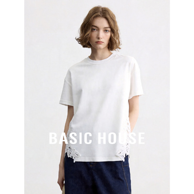Basic House/百家好简约风白色短袖T恤女夏圆领宽松百搭打底上衣