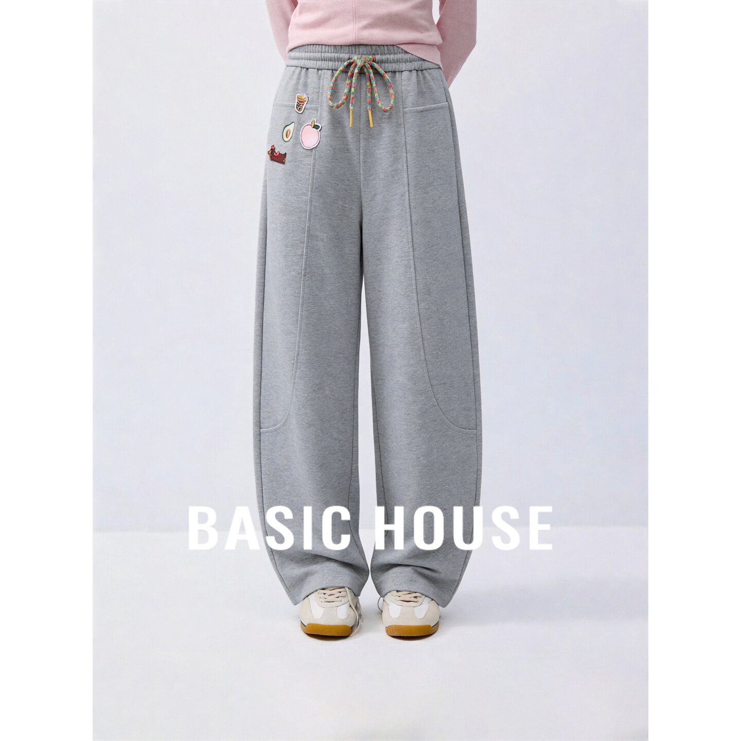 Basic House/百家好设计感彩色系带宽松日常休闲裤女水果图案口袋
