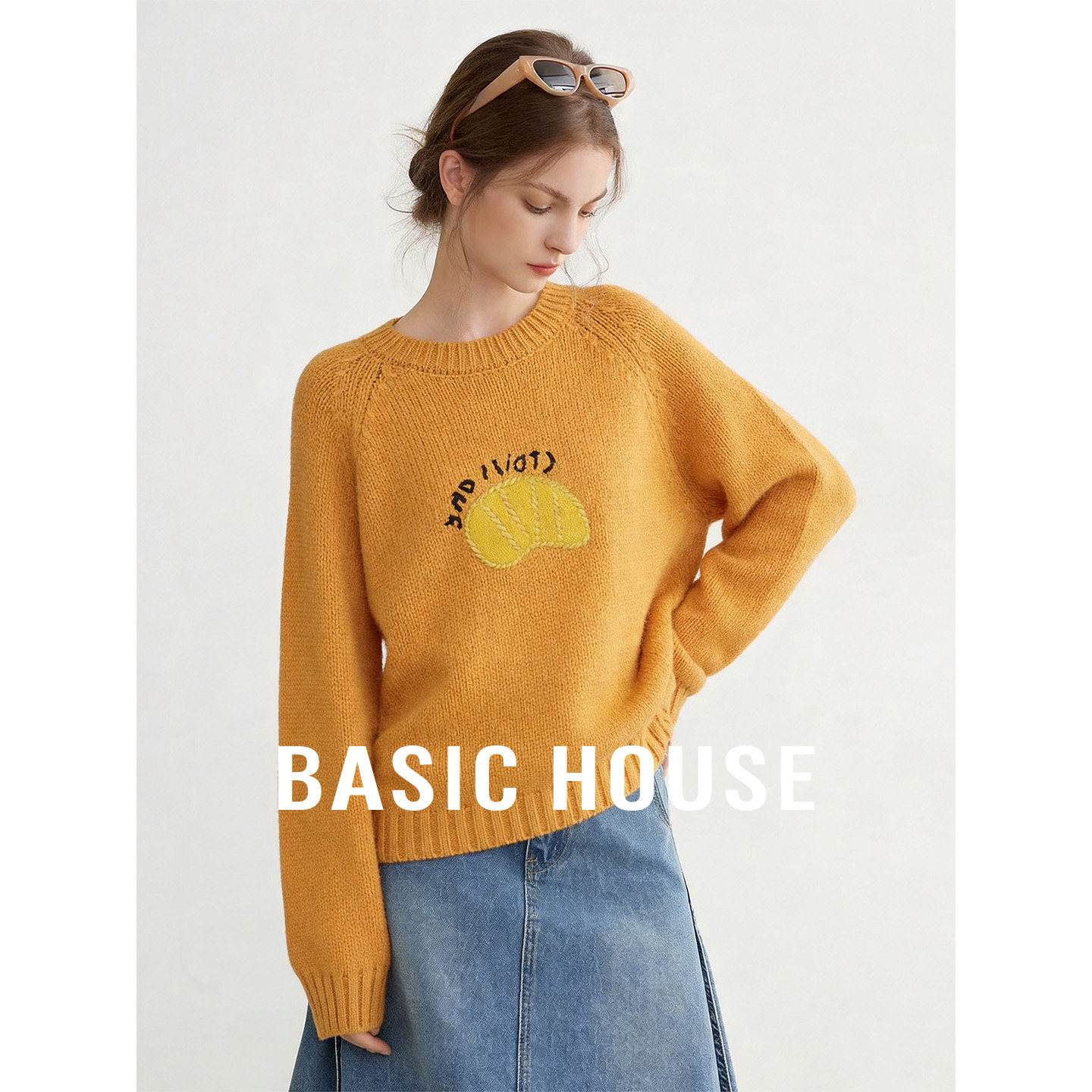 Basic House/百家好橙色刺绣设计感套头毛衣女秋季休闲百搭上衣