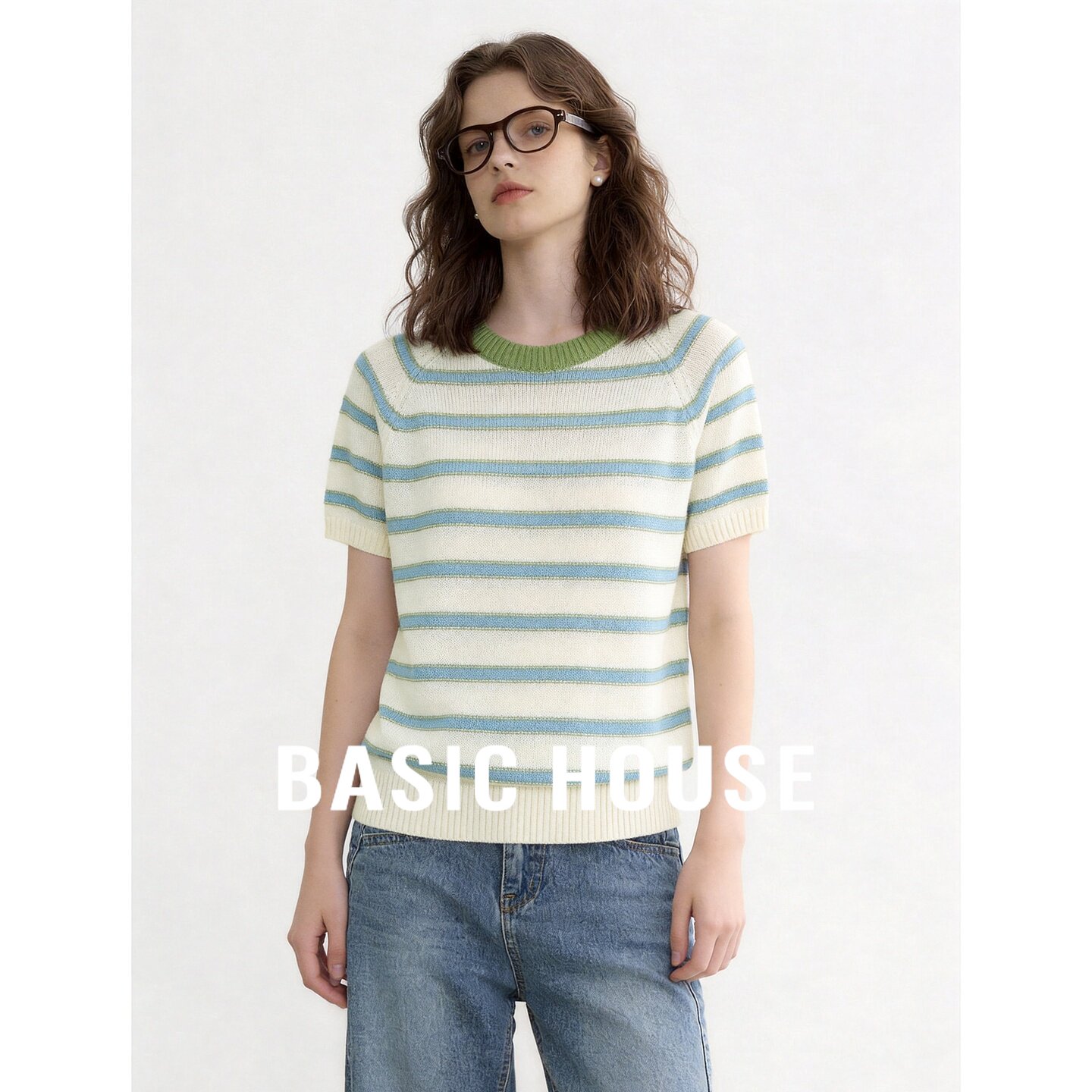 Basic House百家好条纹蓝色短袖针织衫女夏薄款新款T恤巨好看上衣