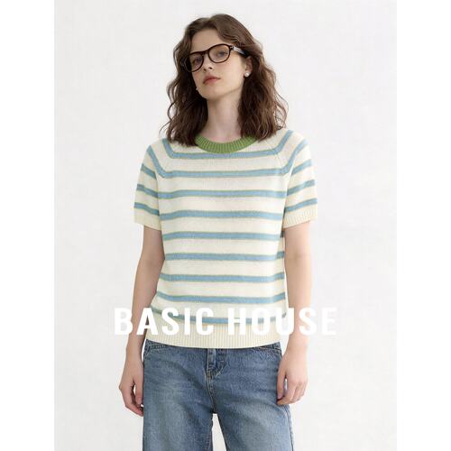 Basic House百家好条纹蓝色短袖针织衫女夏薄款新款T恤巨好看上衣