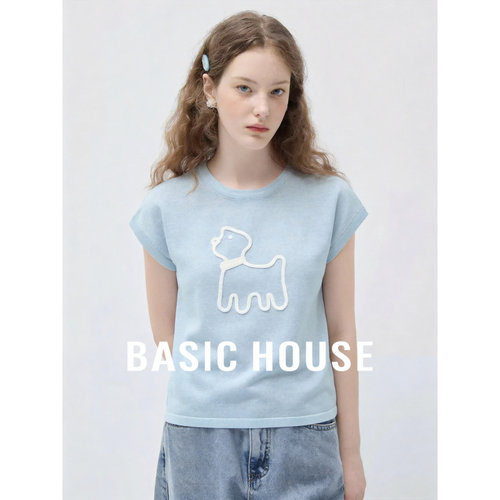 Basic House/百家好卡通小狗刺绣短袖针织衫女夏蓝色减龄百搭上衣