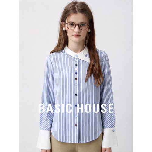 Basic House/百家好设计感条纹衬衫女长袖翻领撞色显瘦高级感上衣