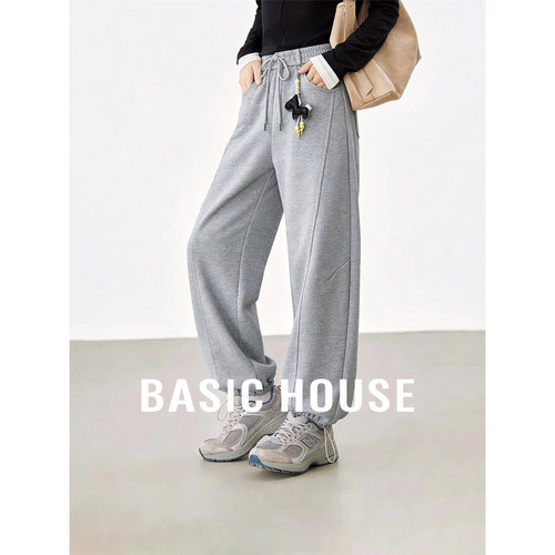 Basic House/百家好灰色松紧腰宽松阔腿休闲裤女春季抽绳束脚卫裤