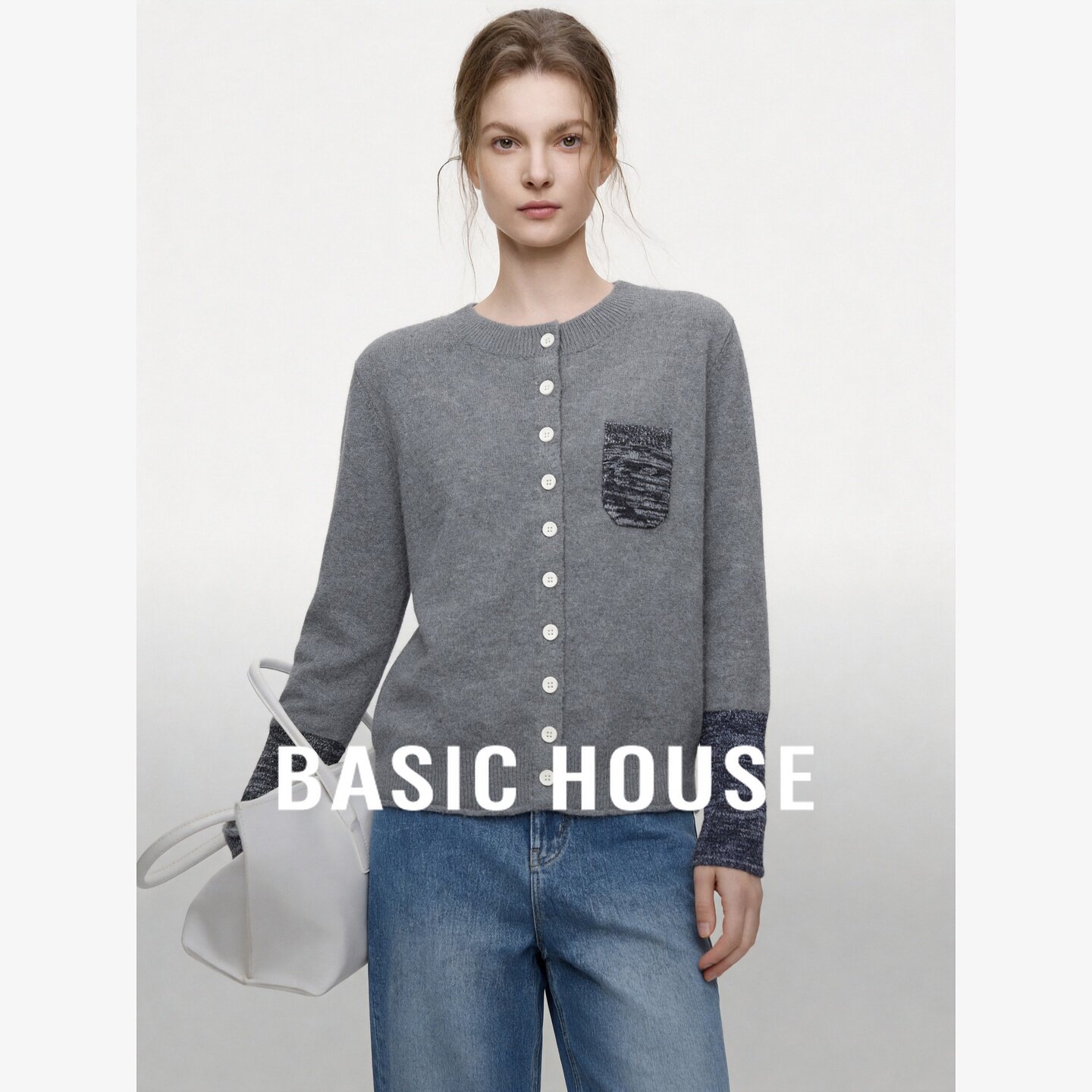 Basic House/百家好复古撞色拼接针织开衫女装高智感修身显瘦毛衣