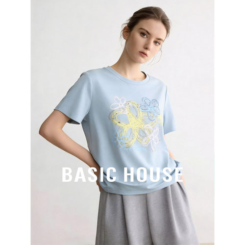 Basic House/百家好蓝色圆领套头T恤女夏季钉珠涂鸦设计正肩短袖