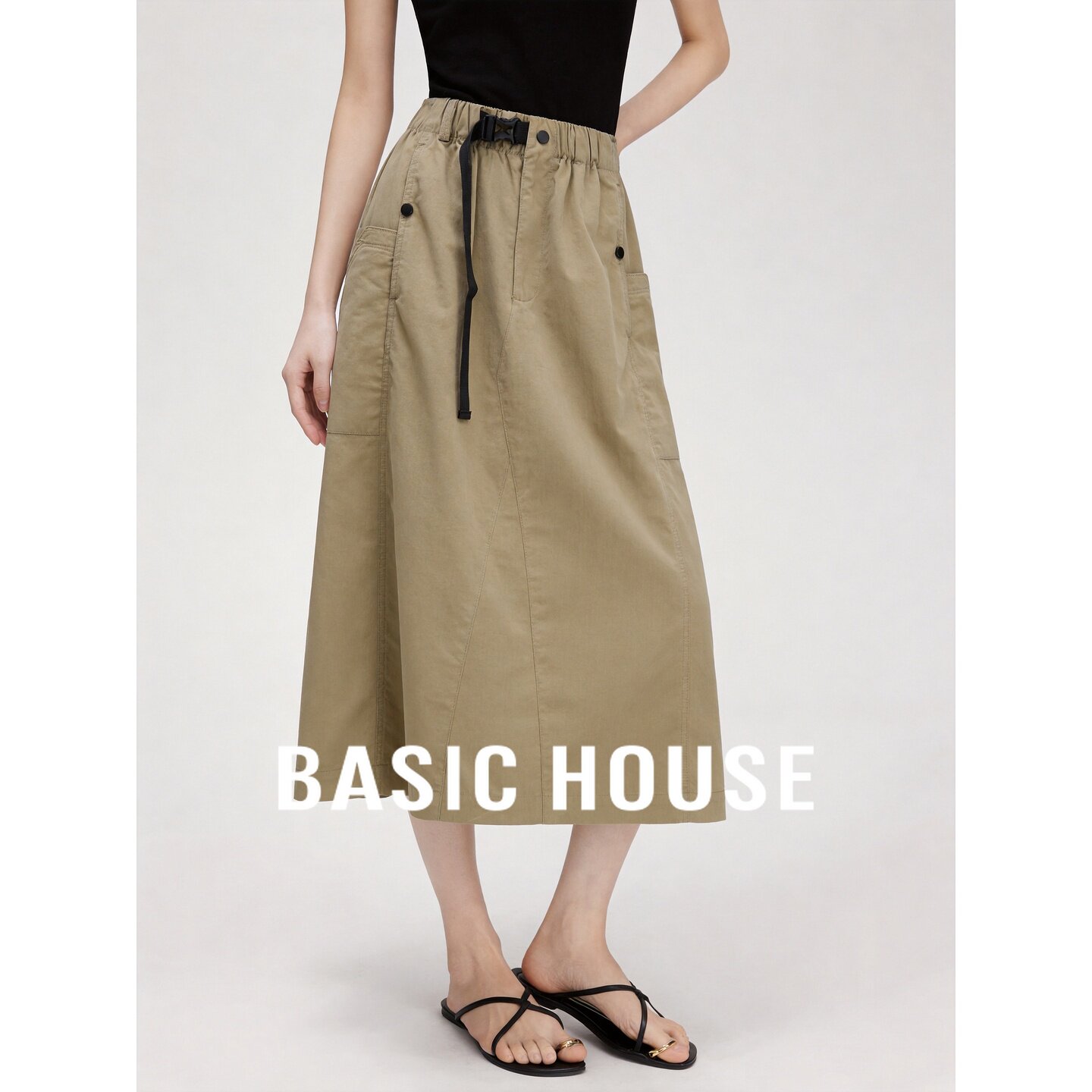 Basic House/百家好新款工装风半身裙女中长裙腰间系带设计感半裙