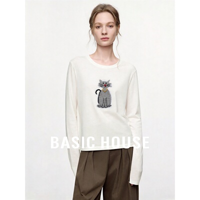 Basic House/百家好2026秋季米白圆领猫咪贴布宽松长袖女装针织衫