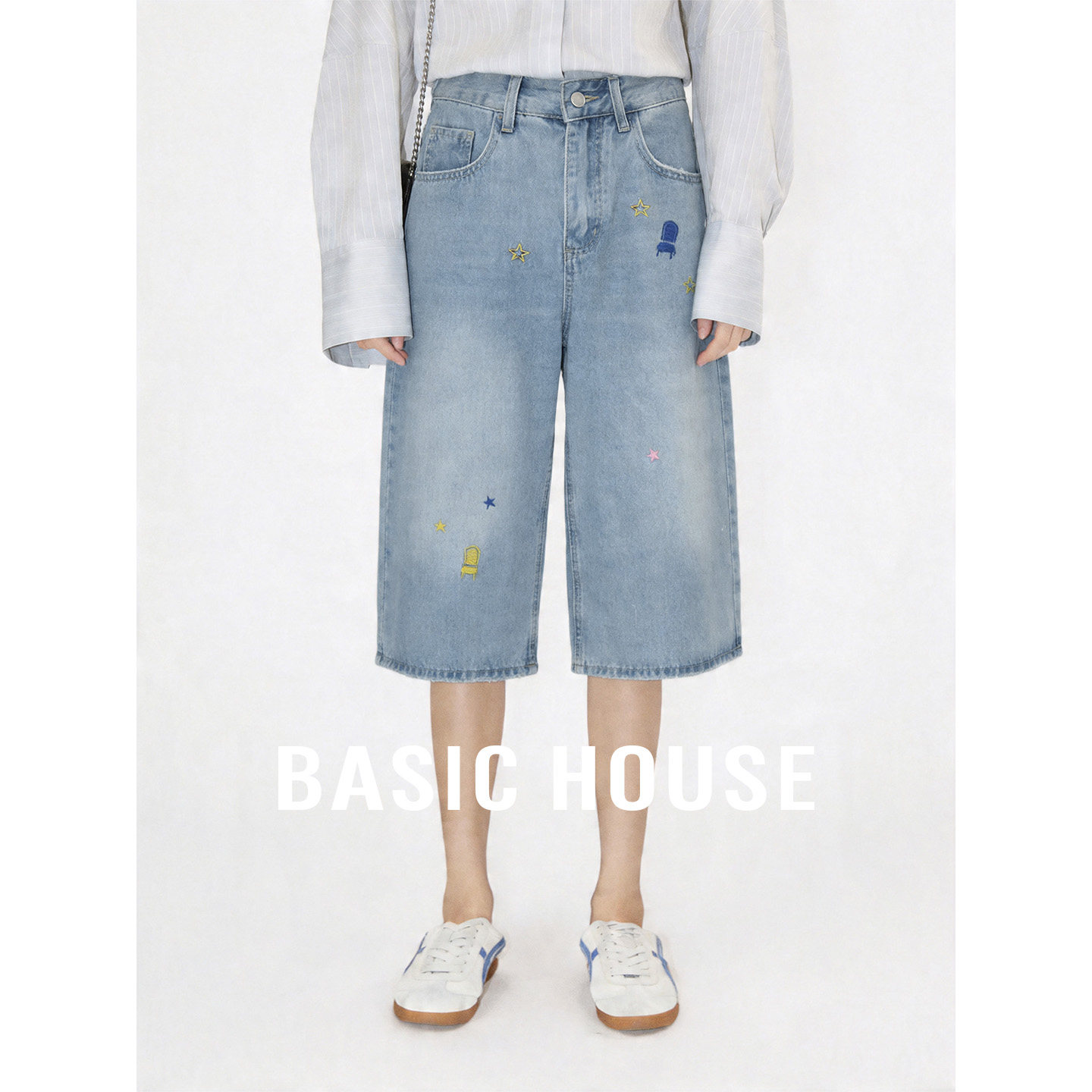 Basic House/百家好高腰刺绣设计感牛仔裤女夏季流行七分直筒裤