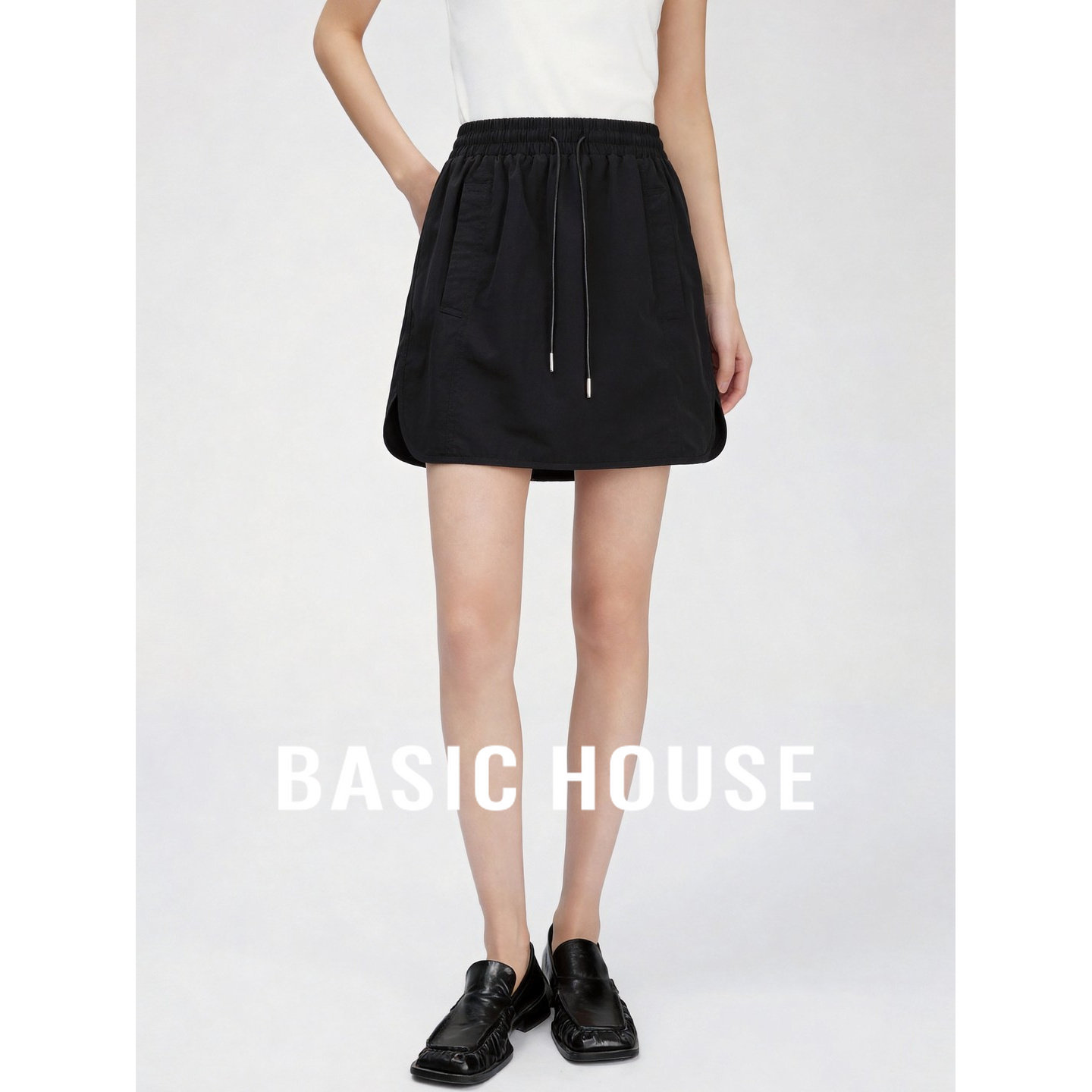 Basic House/百家好黑色A字半身裙女夏季薄款抽绳短款松紧腰半裙