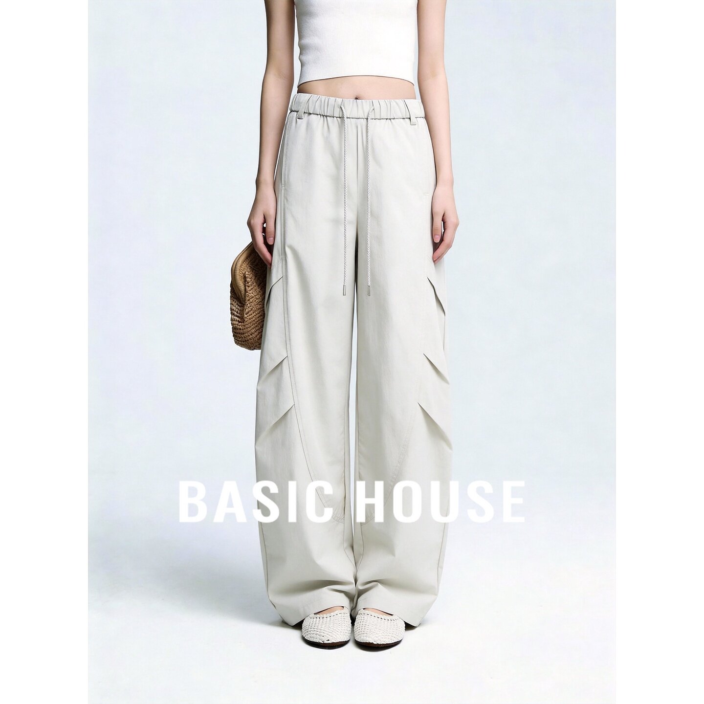 Basic House/百家好浅卡其色高腰抽绳系带阔腿裤女夏宽松休闲长裤