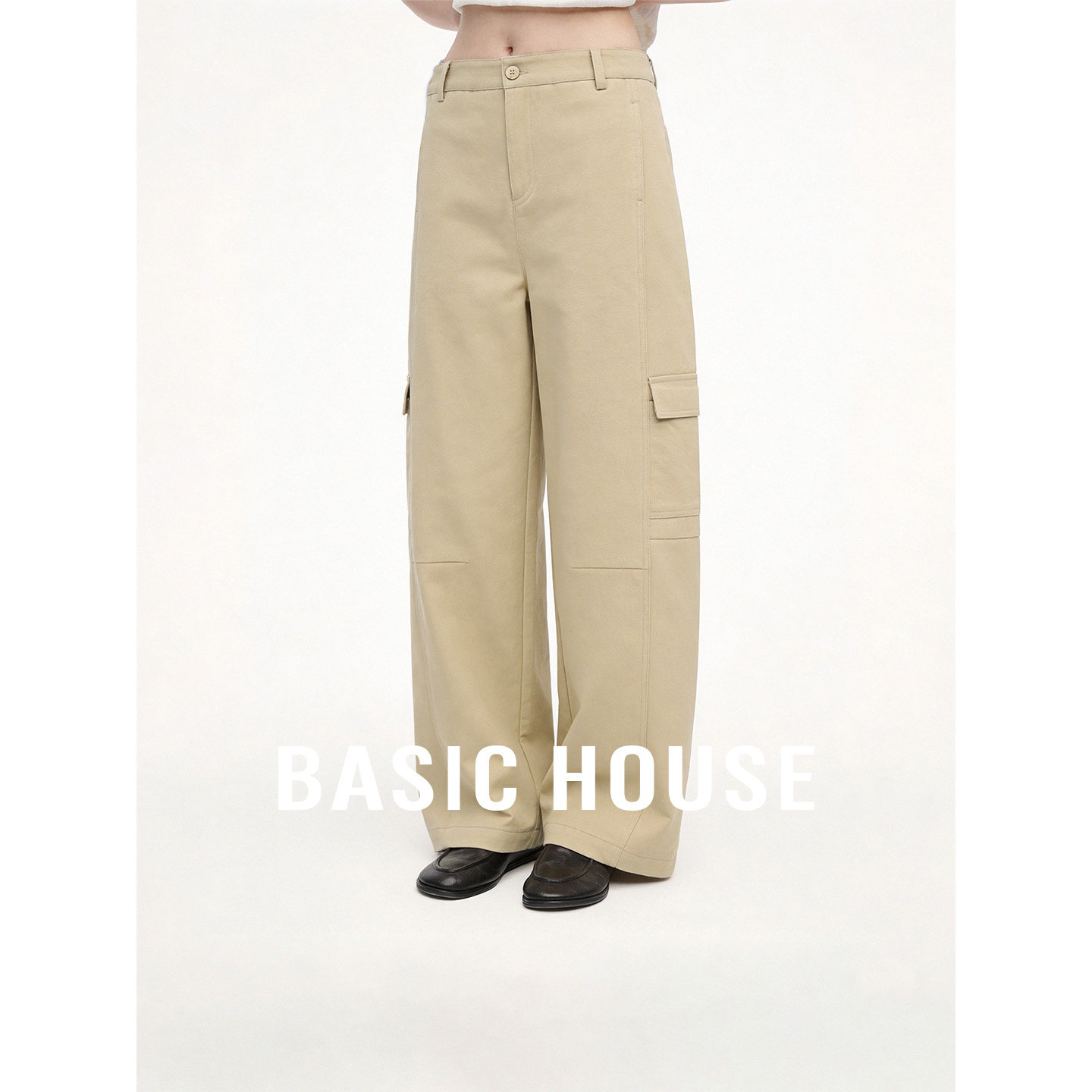 Basic House/百家好卡其色含棉舒适百搭工装裤女夏季宽松休闲长裤