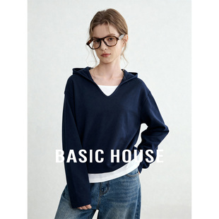Basic House/百家好假两件连帽羊毛T恤女春新款宽松百搭休闲上衣