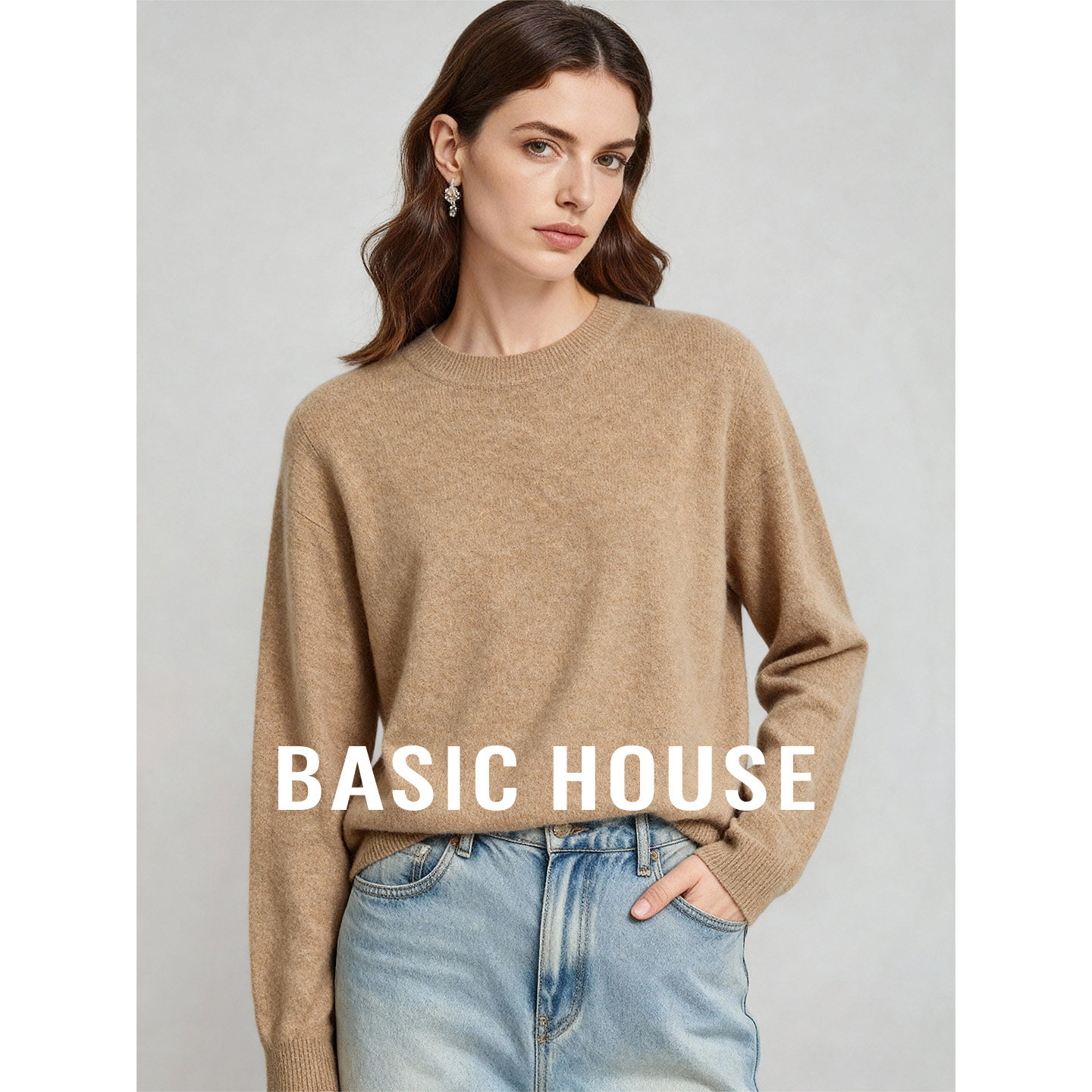 Basic House/百家好圆领纯色简约套头毛衣女秋季宽松百搭长袖上衣
