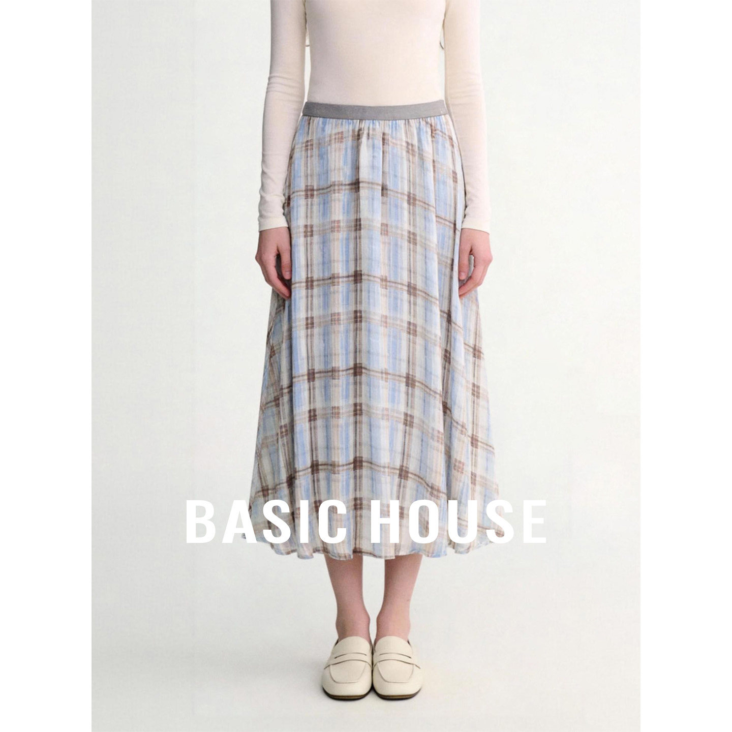 Basic House/百家好蓝色格纹半身裙女夏设计宽松温柔松紧腰A字裙
