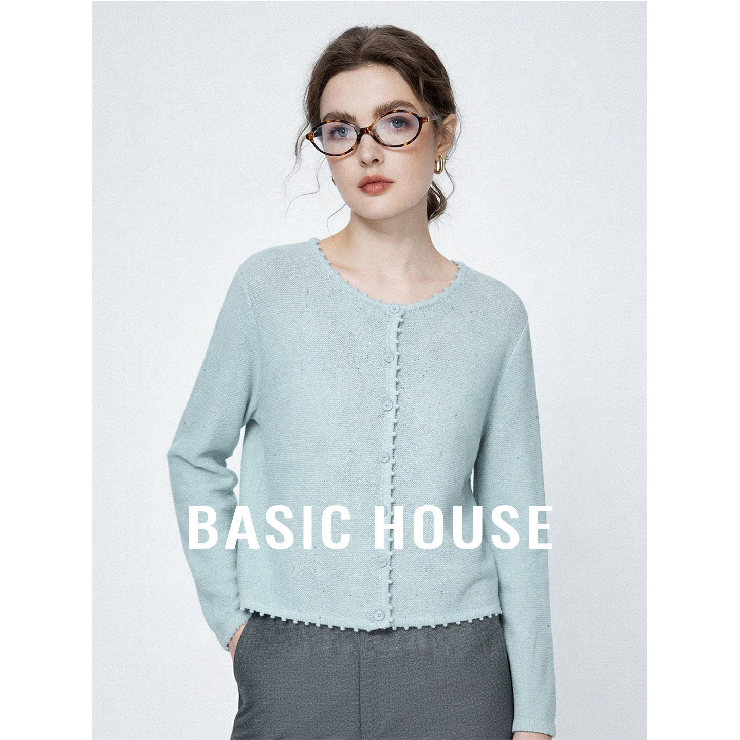 Basic House/百家好莱赛尔薄款点纱针织开衫女春夏季新款长袖上衣