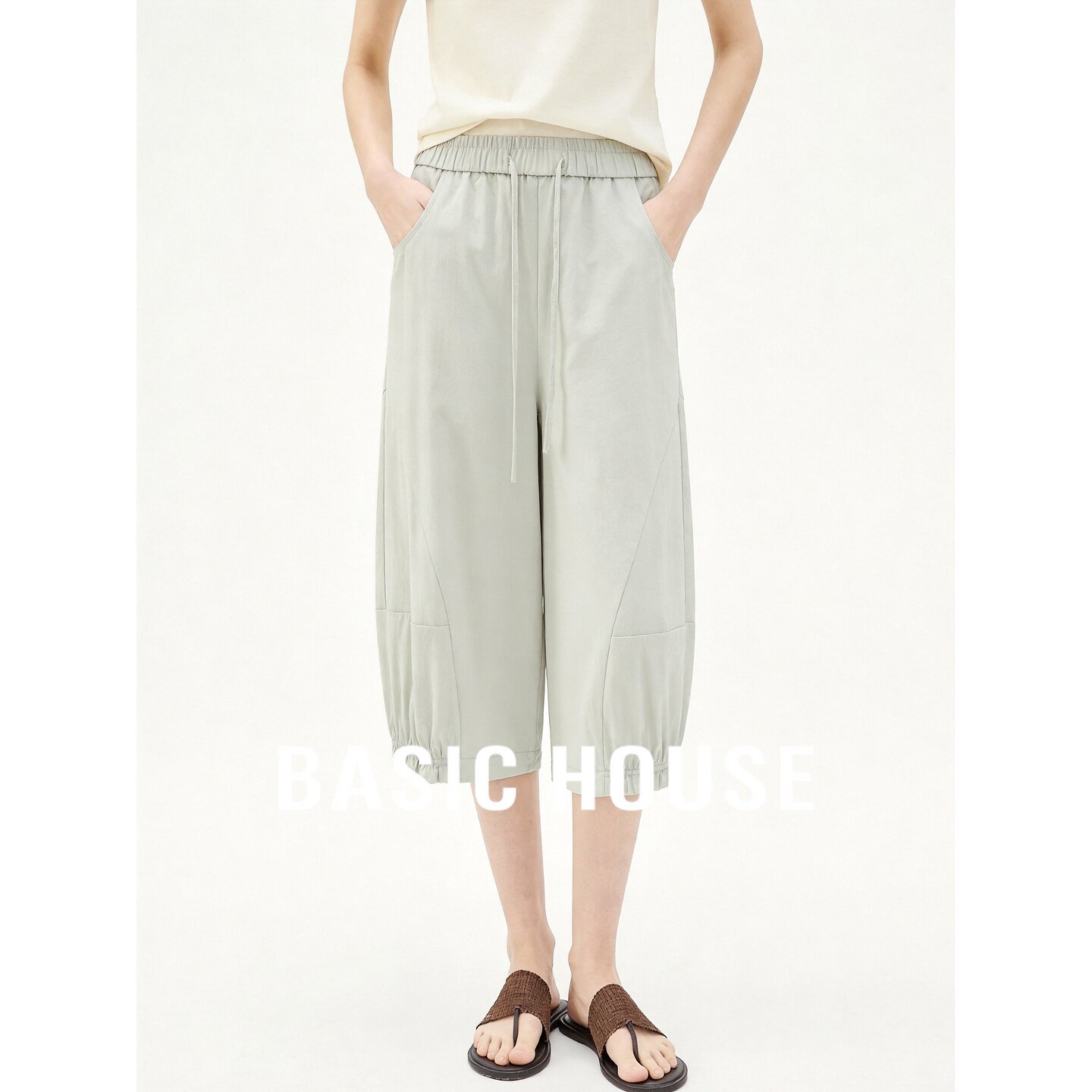 Basic House/百家好慵懒阔腿裤女夏季宽松舒适透气花苞裤七分裤