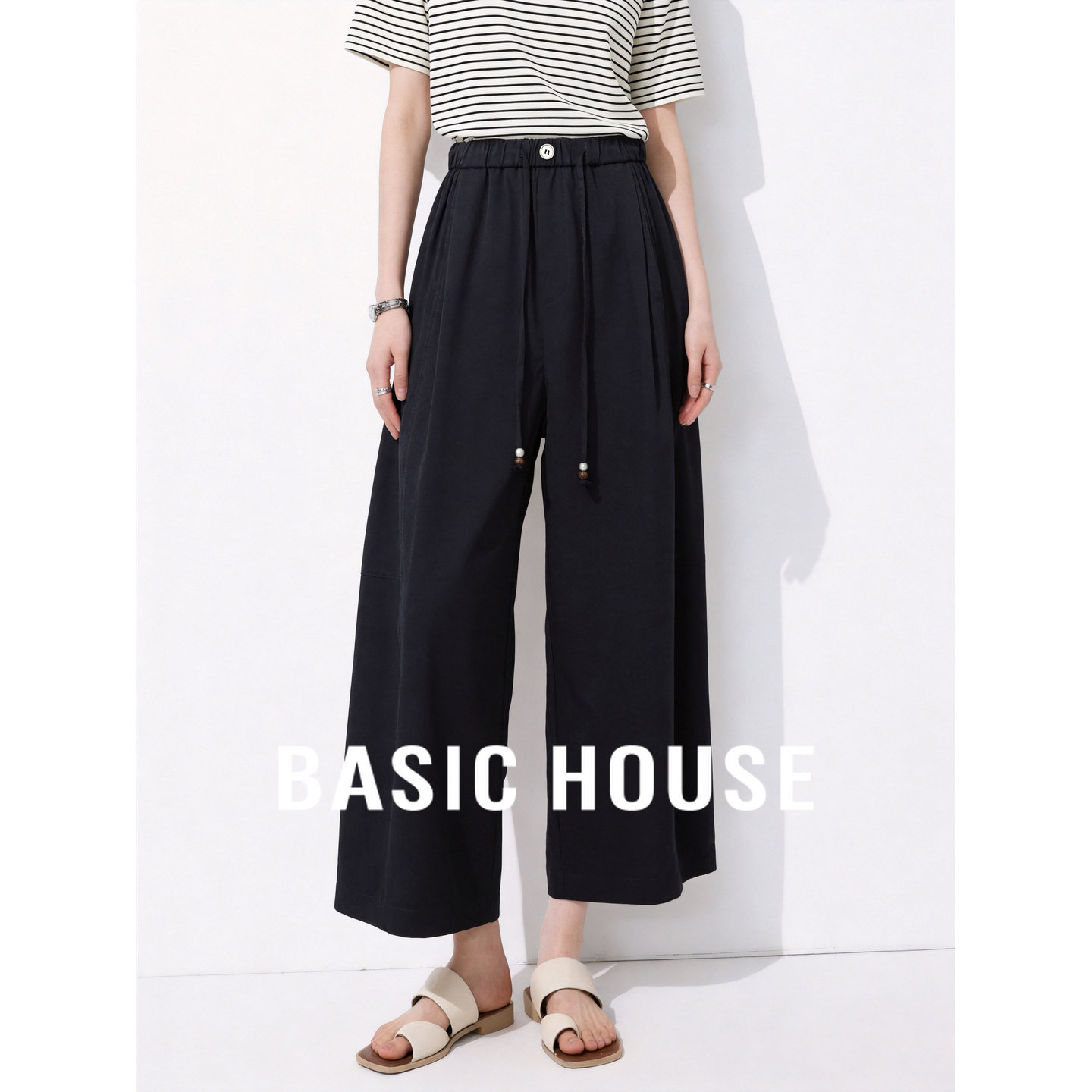 Basic House/百家好亚麻高腰阔腿休闲裤女夏季黑色宽松慵懒风长裤