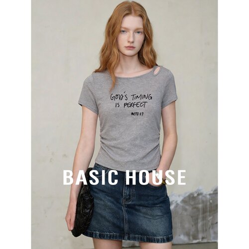 Basic House/百家好2026夏季灰色抽褶收腰短袖T恤女刺绣百搭上衣