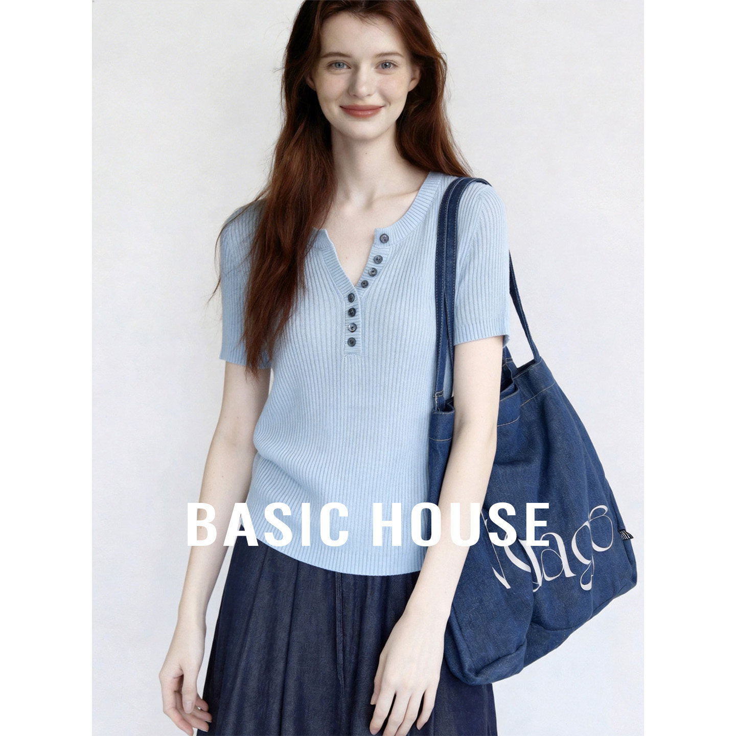 Basic House/百家好莱赛尔亚麻透气短袖针织衫百搭设计感短款上衣