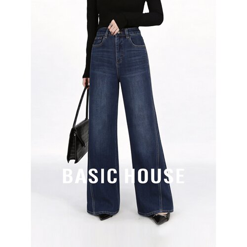 Basic House/百家好蓝色莱赛尔复古高腰宽松日常女装阔腿牛仔裤秋