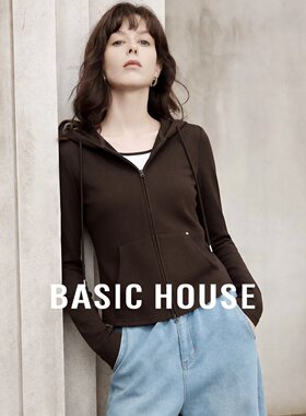 Basic House/百家好咖色假两件修身拉链连帽撞色日常女装卫衣秋季