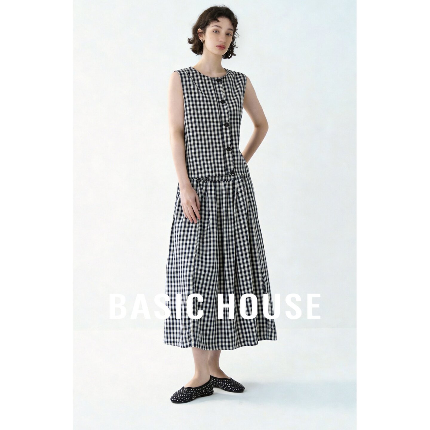 Basic House/百家好黑白格子无袖马甲半身裙两件套装女26夏季套装