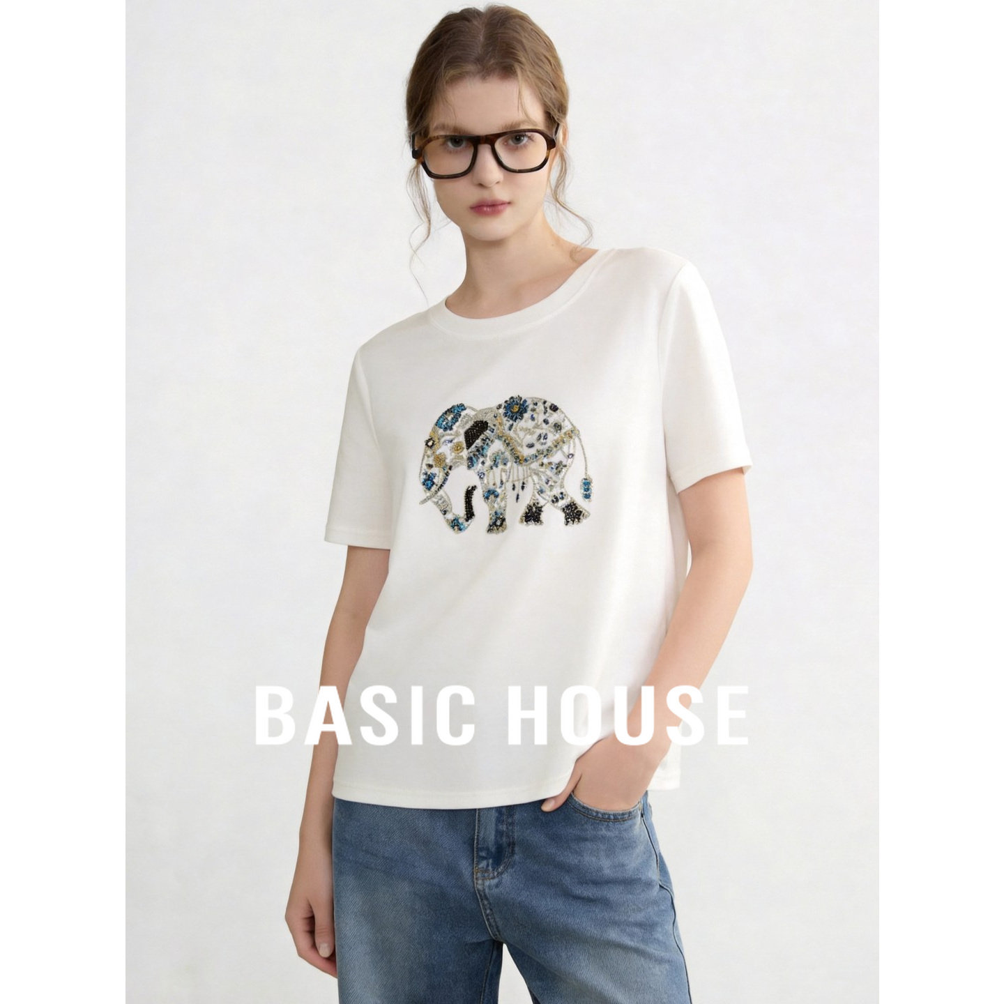 Basic House/百家好重工钉珠短款T恤夏季流行圆领大象短袖上衣女