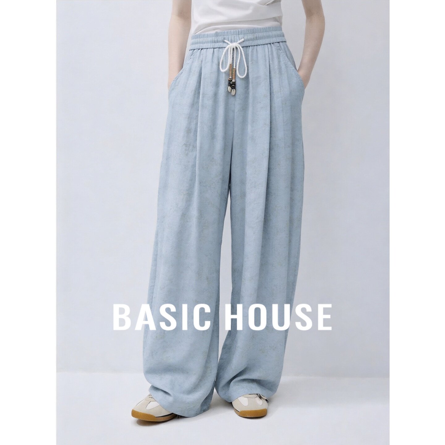Basic House/百家好亚麻阔腿裤女夏季高腰宽松抽褶休闲裤极简蓝色