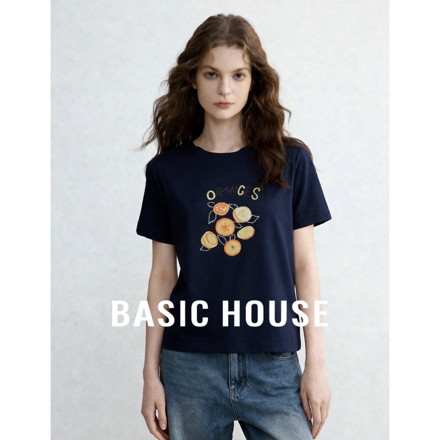 Basic House/百家好藏青色水果印花短袖T恤女夏宽松舒适透气上衣