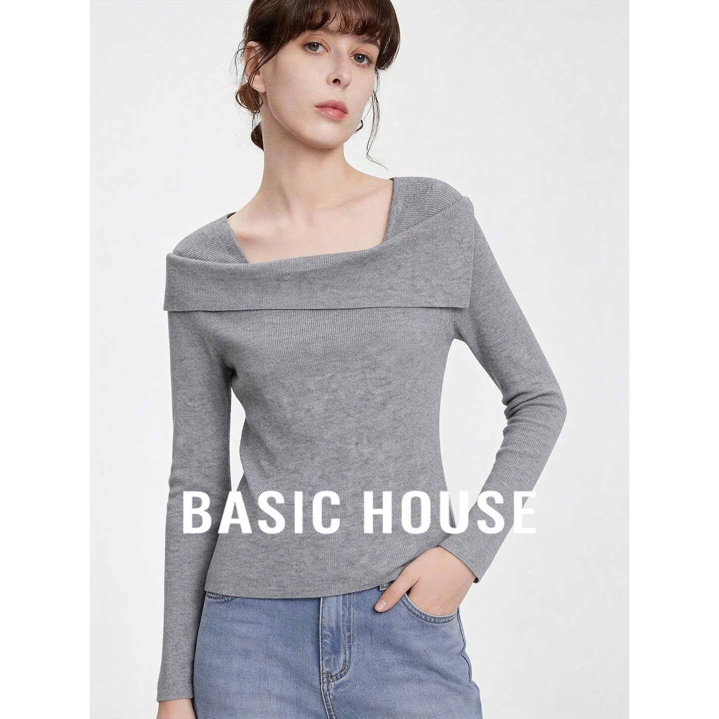 Basic House/百家好2026秋灰色斜领露肩不对称修身长袖优雅针织衫