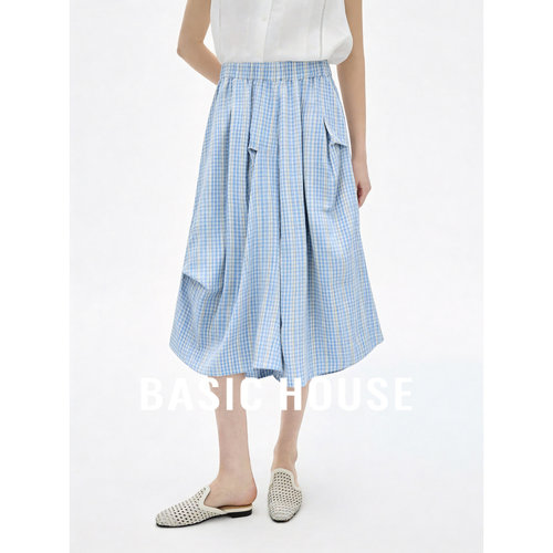 Basic House百家好A字廓形格子不规则裙裤七分休闲裤女宽松阔腿裤