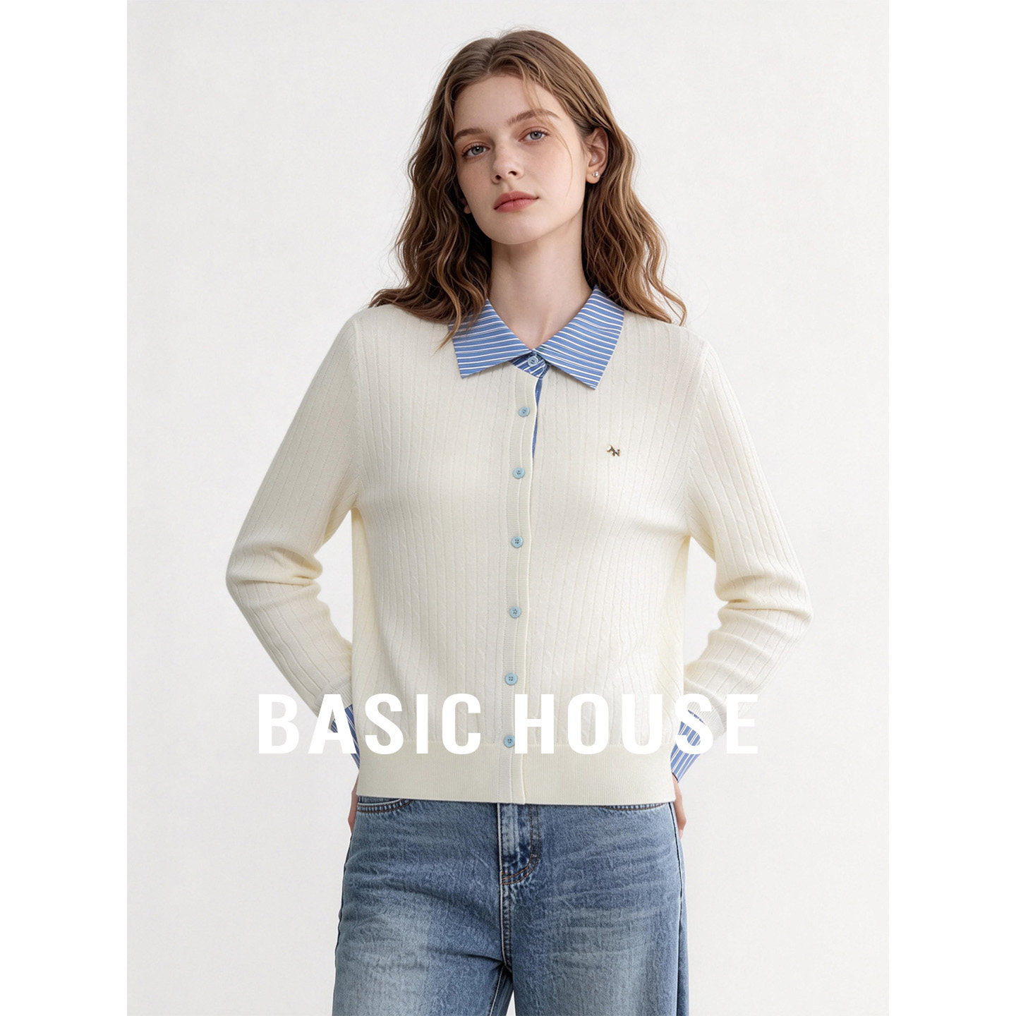 Basic House/百家好学院风条纹拼接针织开衫绵羊毛绞花翻领上衣女