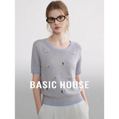 Basic House/百家好圆领撞色百搭短袖针织衫女夏季刺绣设计感上衣