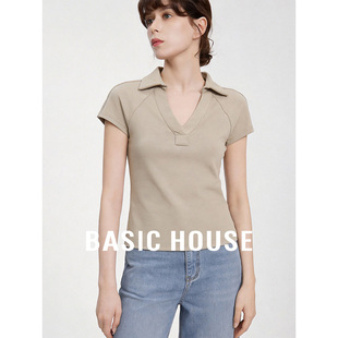 Basic House/百家好polo领T恤女夏2026新款修身显瘦纯色短袖上衣