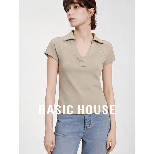 Basic House/百家好polo领T恤女夏2026新款修身显瘦纯色短袖上衣