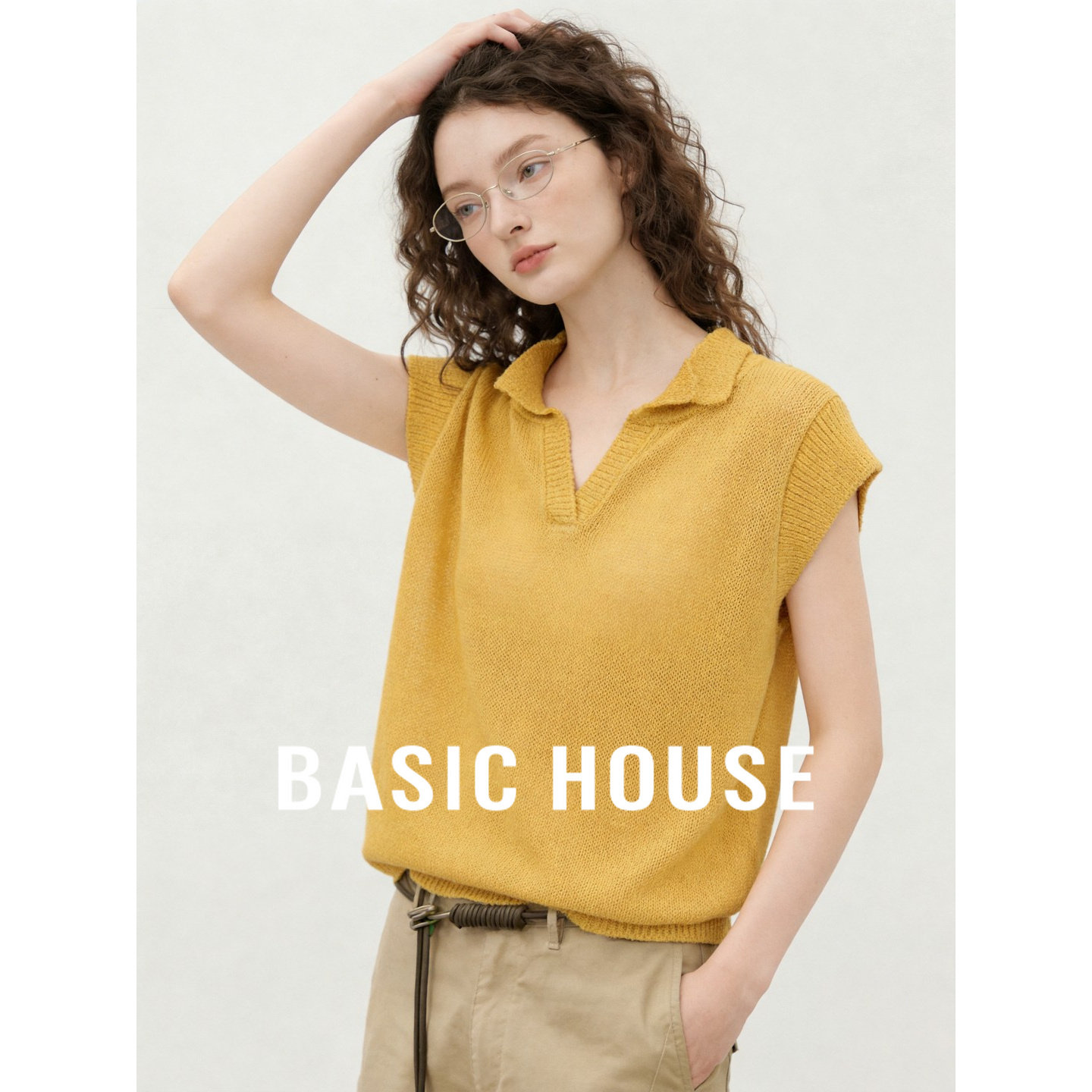 Basic House/百家好夏季薄款针织背心女Polo无袖上衣宽松黄色马甲