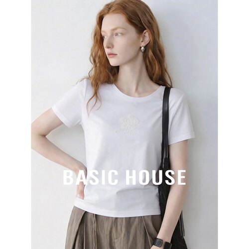 Basic House/百家好韩系白色刺绣短袖修身显瘦百搭休闲短款T恤女