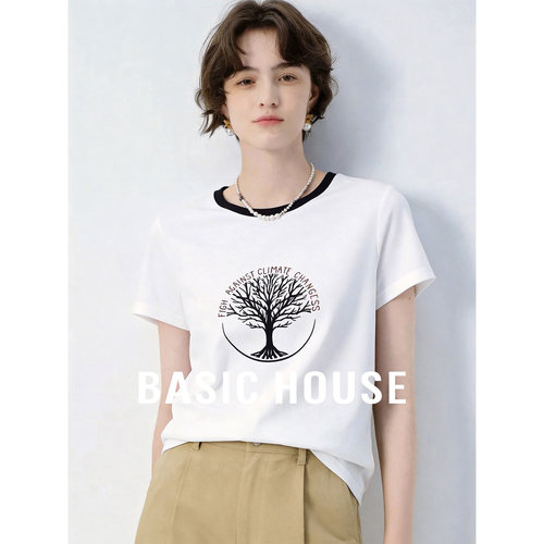 Basic House/百家好圆领印花设计感T恤女26夏季新款舒适百搭上衣