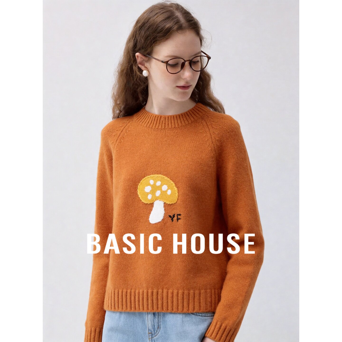 Basic House/百家好蘑菇圆领套头毛衣女秋冬宽松慵懒风针织衫上衣