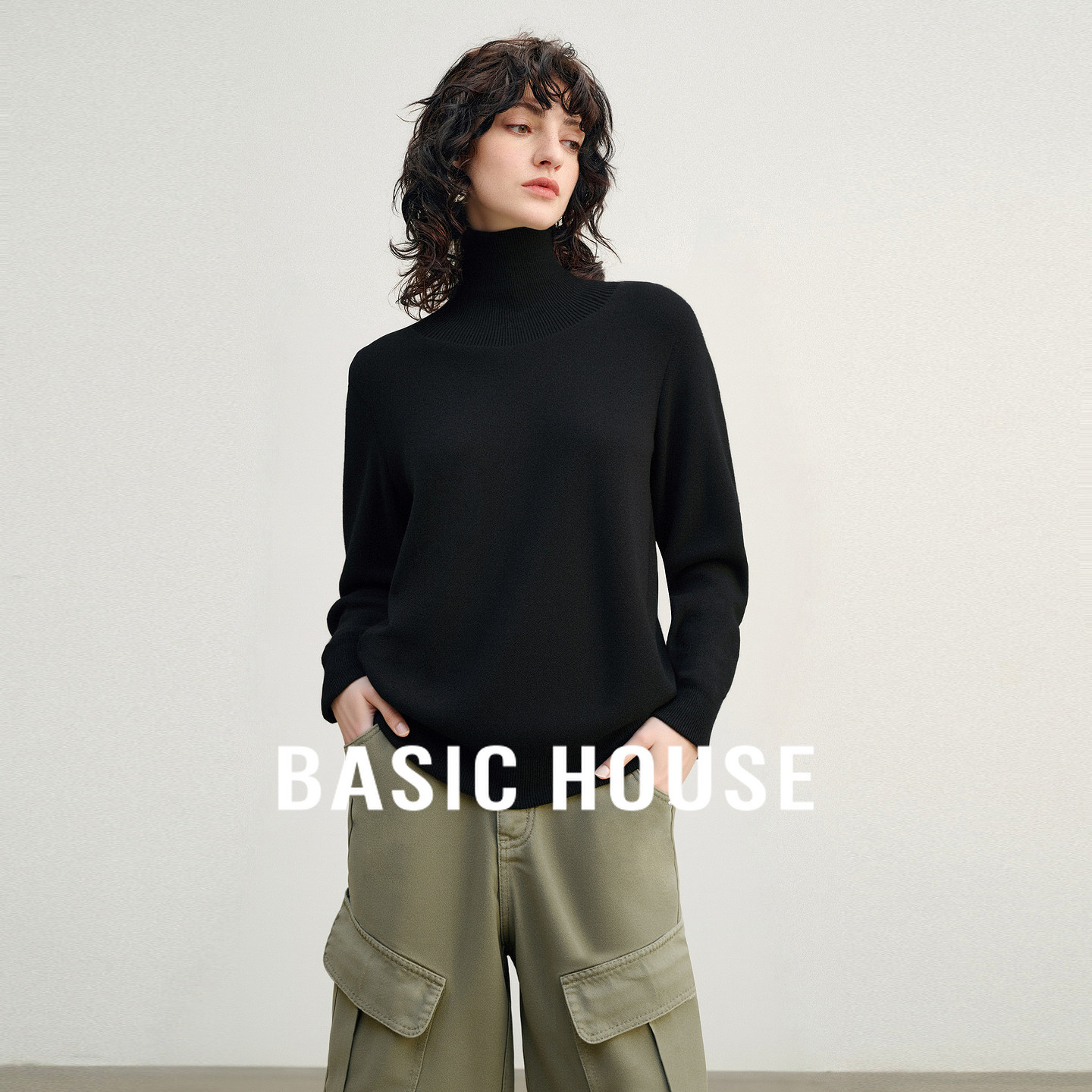 Basic House/百家好纯色宽松高领绵羊毛上衣气质显瘦长袖套头毛衣