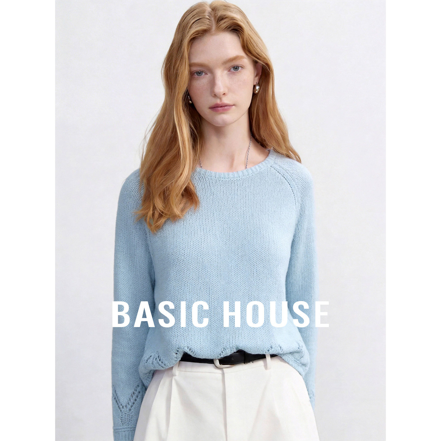 Basic House/百家好蓝色圆领清新套头针织衫女夏季莱赛尔透气上衣