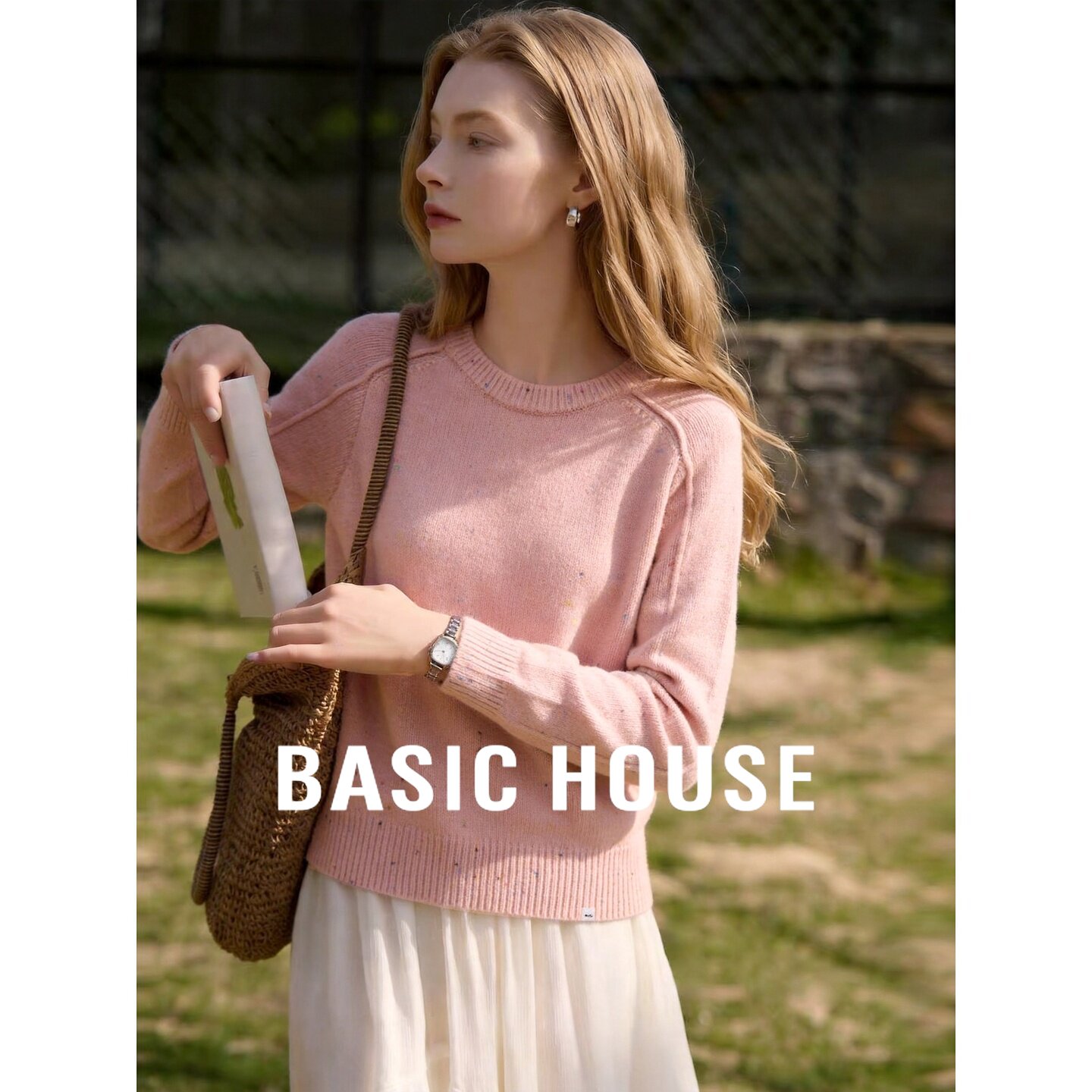 Basic House/百家好2026秋季纯羊毛粉色圆领宽松长袖保暖通勤毛衣