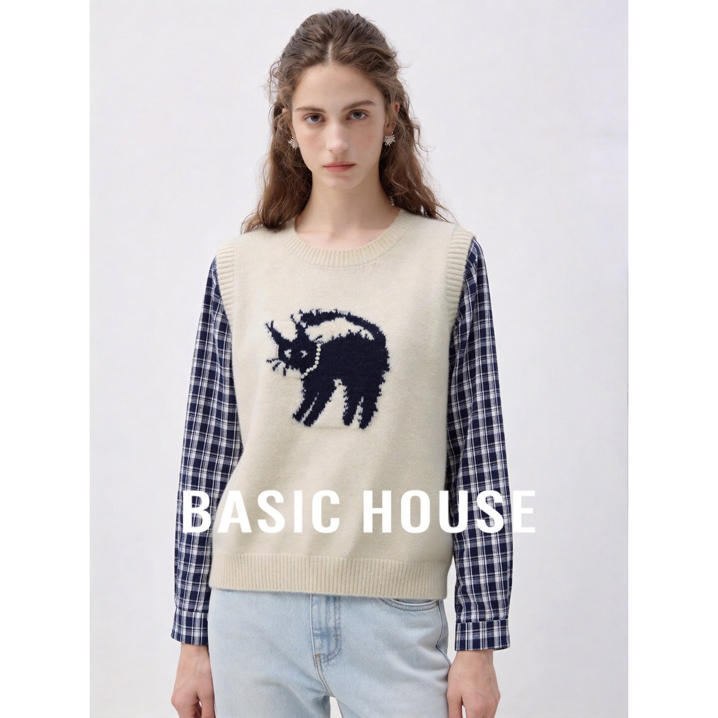 Basic House/百家好假两件格子拼接针织衫女圆领小猫提花套头毛衣