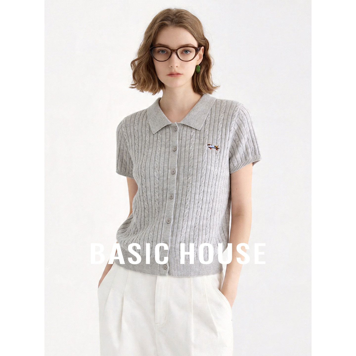 Basic House/百家好夏季百搭polo领刺绣短袖针织开衫莱赛尔上衣女