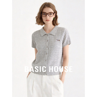 Basic House/百家好polo领短袖针织开衫女夏季莱赛尔透气薄款上衣
