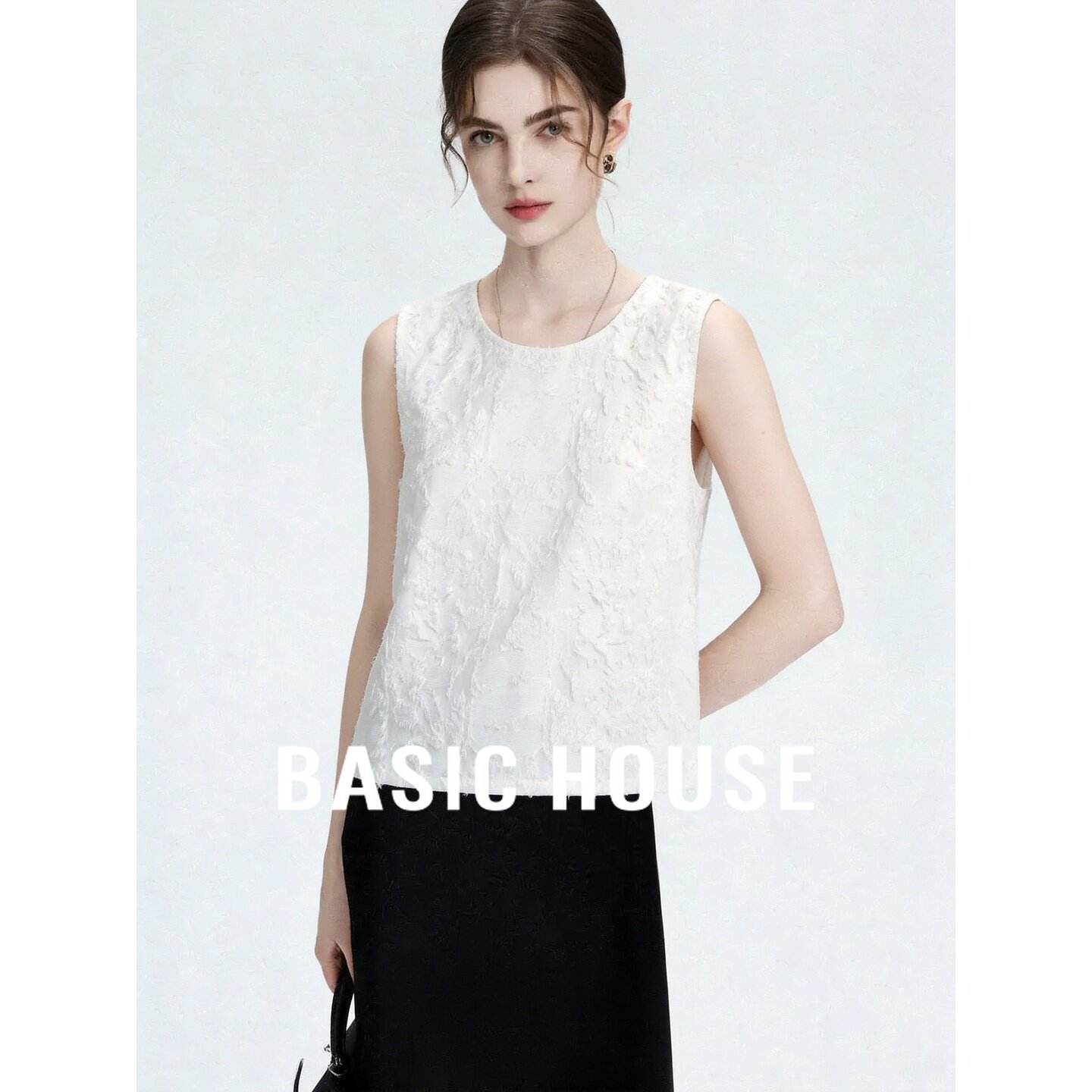 Basic House/百家好复古圆领短款马甲女2026新款气质白色无袖衬衫