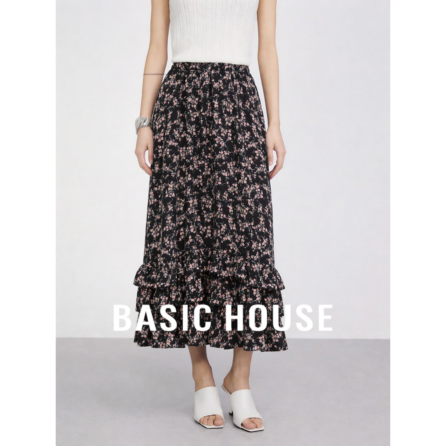 Basic House/百家好法式碎花半身裙高腰A字气质荷叶边层次感半裙