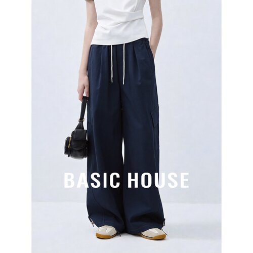 Basic House/百家好高腰阔腿裤女秋宽松抽绳设计极简藏青色休闲裤